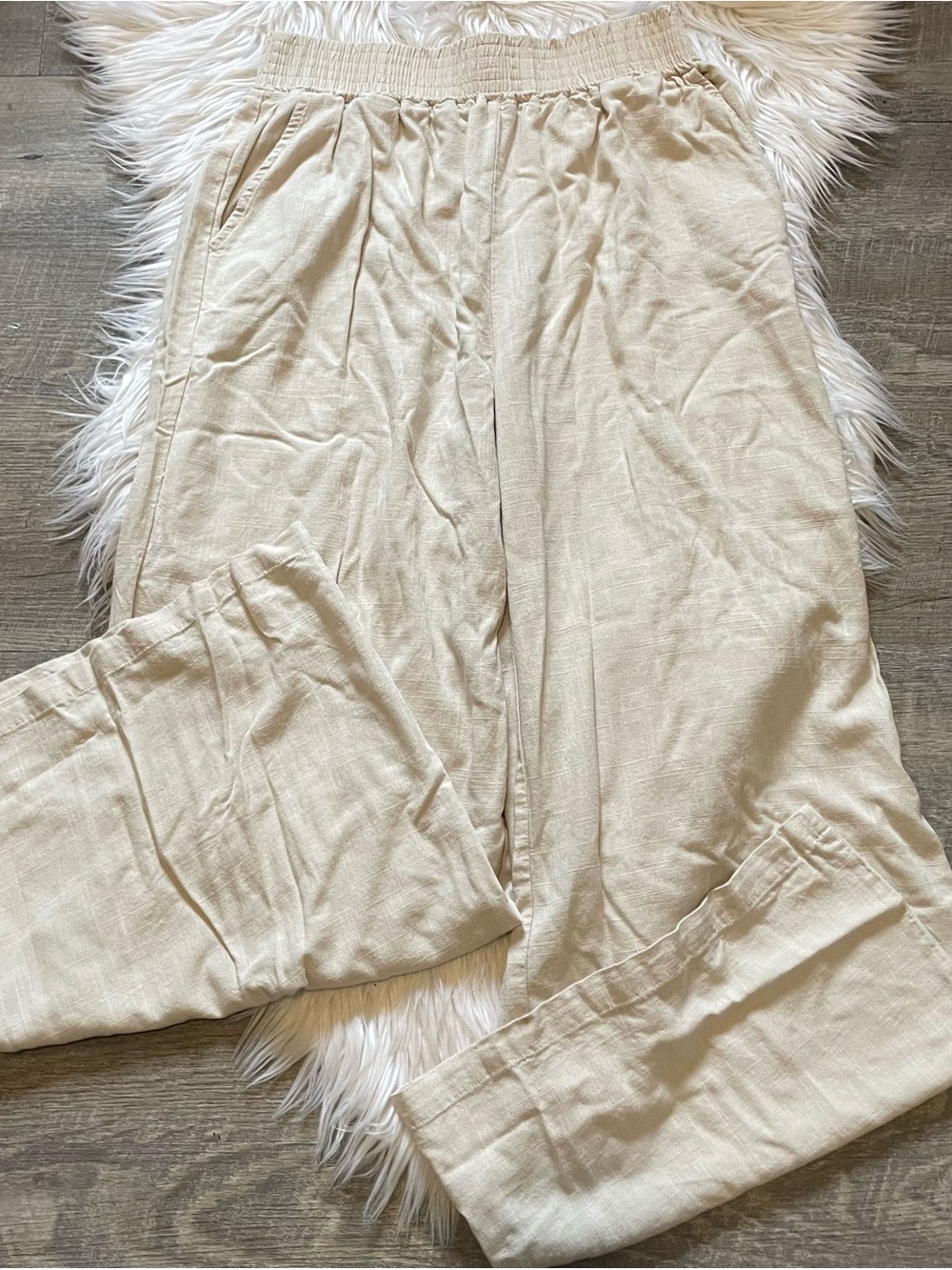 Beige Wide Leg Elastic-Waist Pants